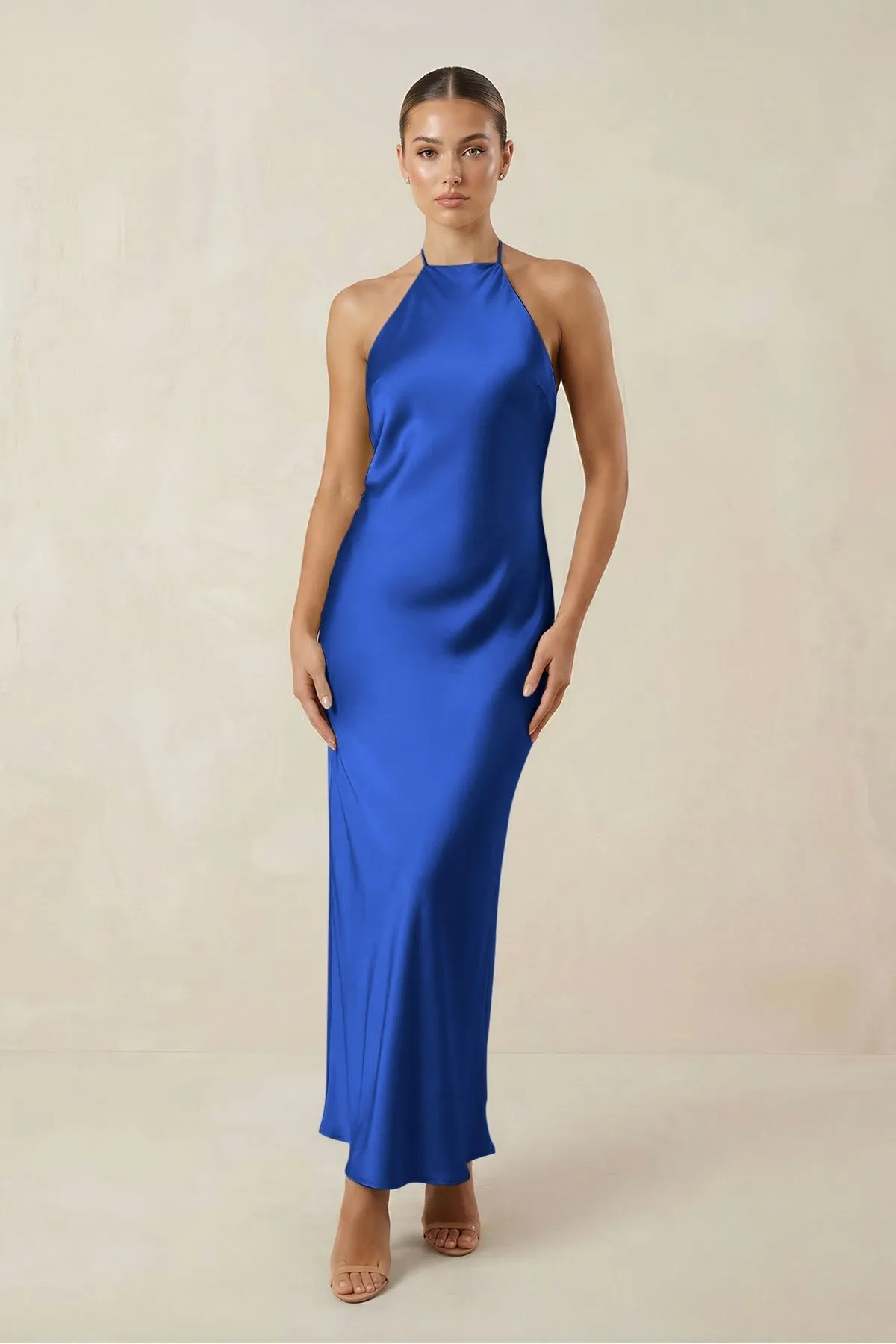 Halter Satin Sheath Midi Bridesmaid Dress in Royal Blue sold by KissProm