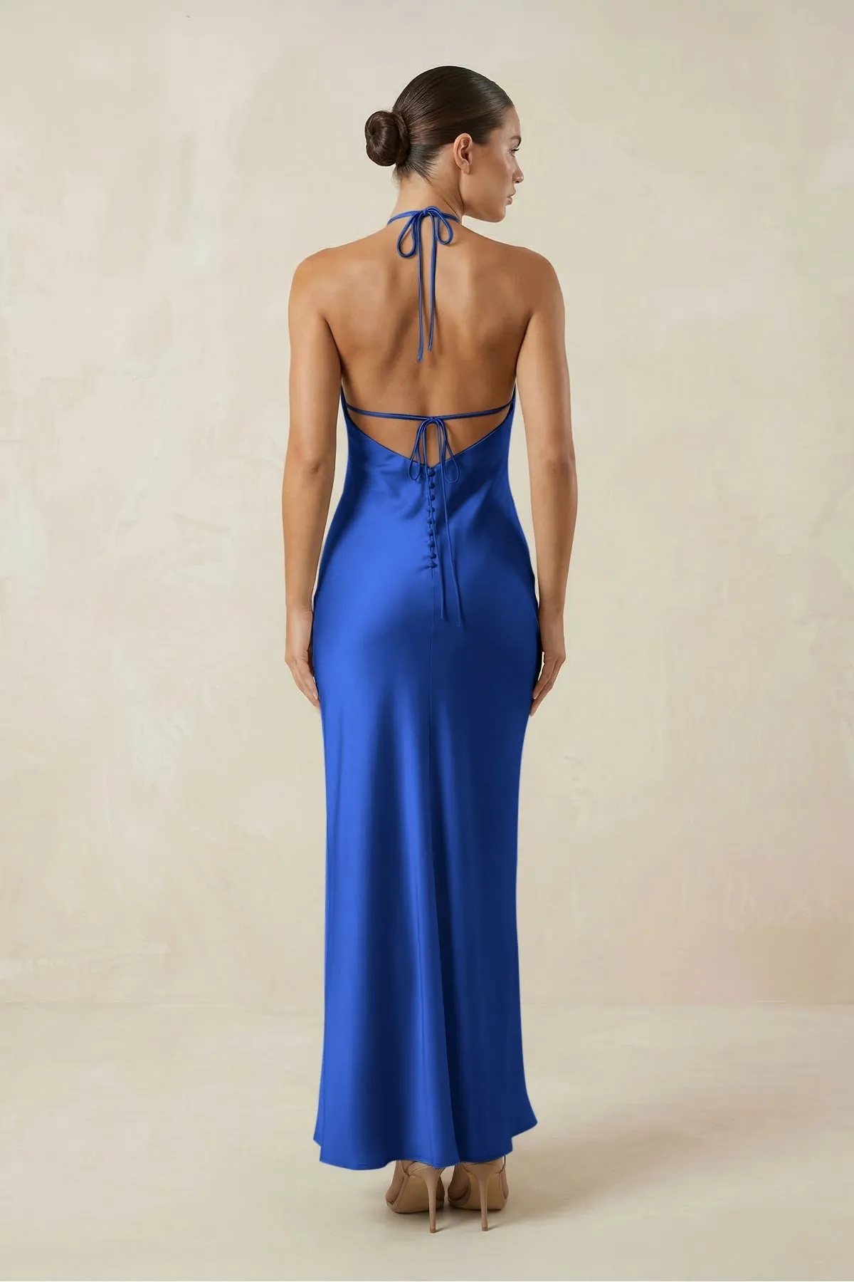 Halter Satin Sheath Midi Bridesmaid Dress in Royal Blue sold by KissProm product image thumbnail 2