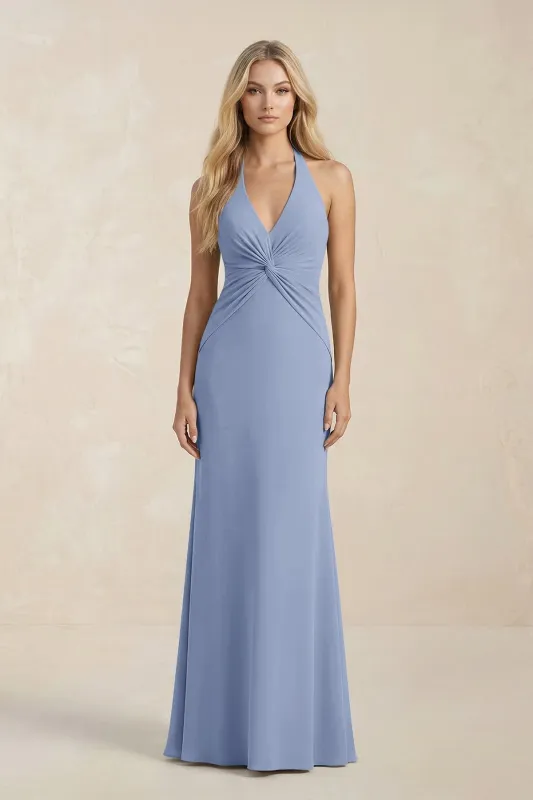 Ruched V-Neck Sheath Bridesmaid Dress With Bow in Mist made by KissProm