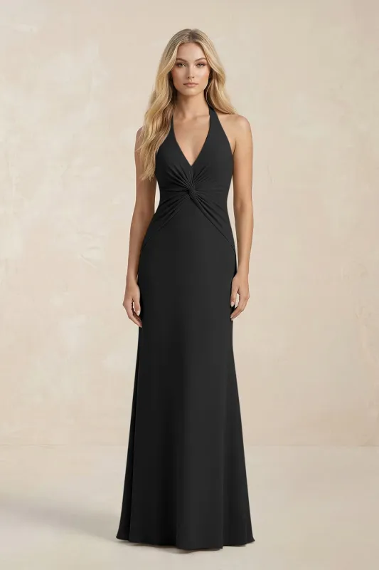 Ruched V-Neck Sheath Bridesmaid Dress With Bow in Black made by KissProm