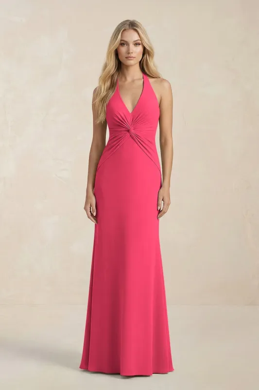 Ruched V-Neck Sheath Bridesmaid Dress With Bow in Fuchsia made by KissProm
