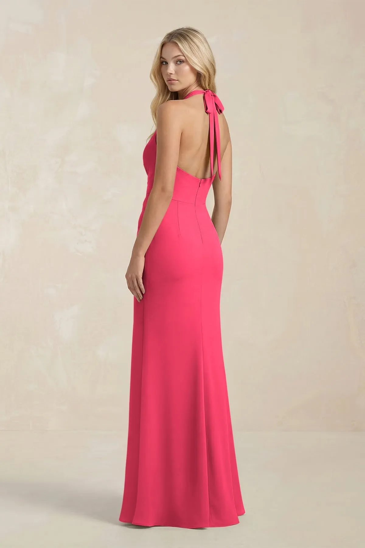 Ruched V-Neck Sheath Bridesmaid Dress With Bow in Fuchsia sold by KissProm product image thumbnail 2