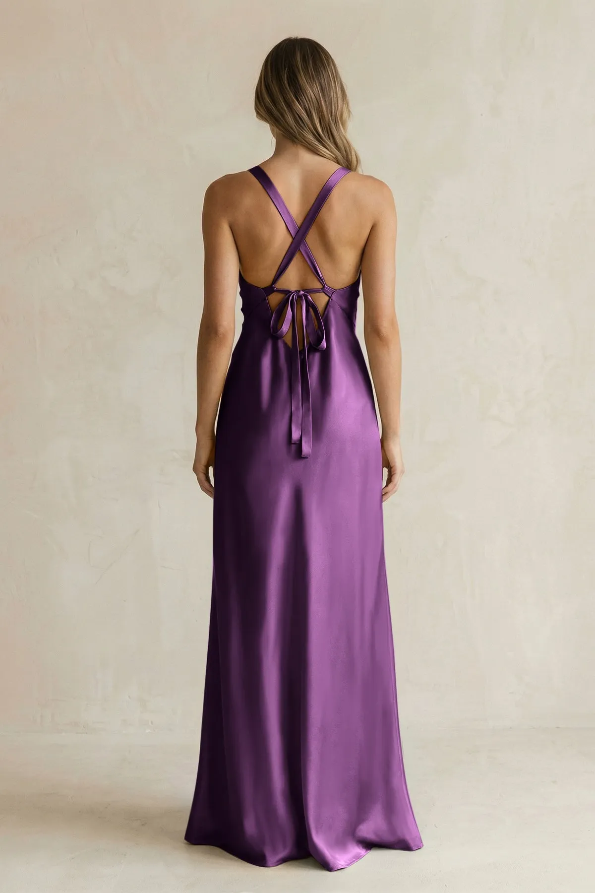 V-Neck Sheath Satin Bridesmaid Dress With Slit in Plum sold by KissProm product image thumbnail 2