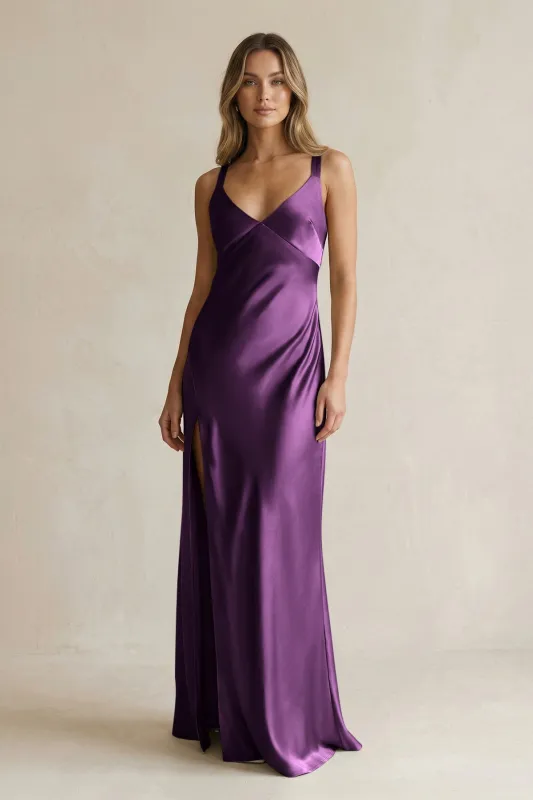 V-Neck Sheath Satin Bridesmaid Dress With Slit in Plum made by KissProm