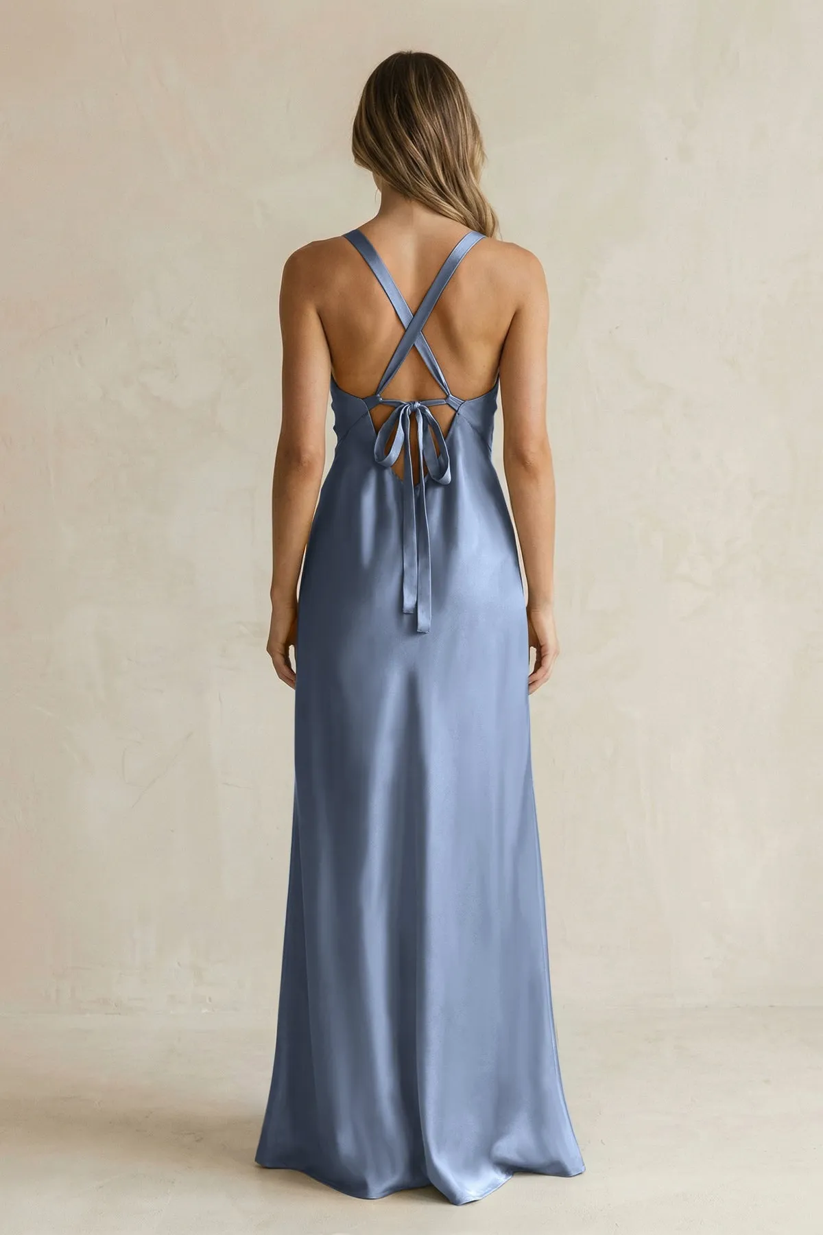 V-Neck Sheath Satin Bridesmaid Dress With Slit in Neptune sold by KissProm product image thumbnail 2