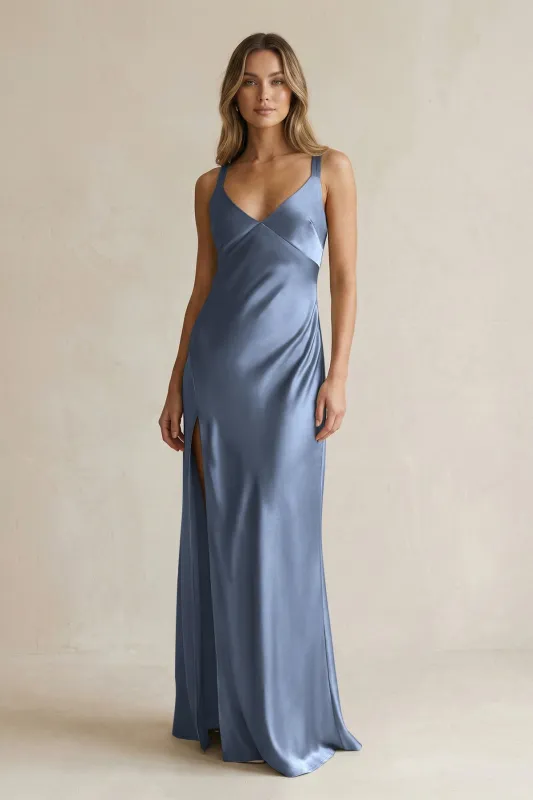V-Neck Sheath Satin Bridesmaid Dress With Slit in Neptune made by KissProm