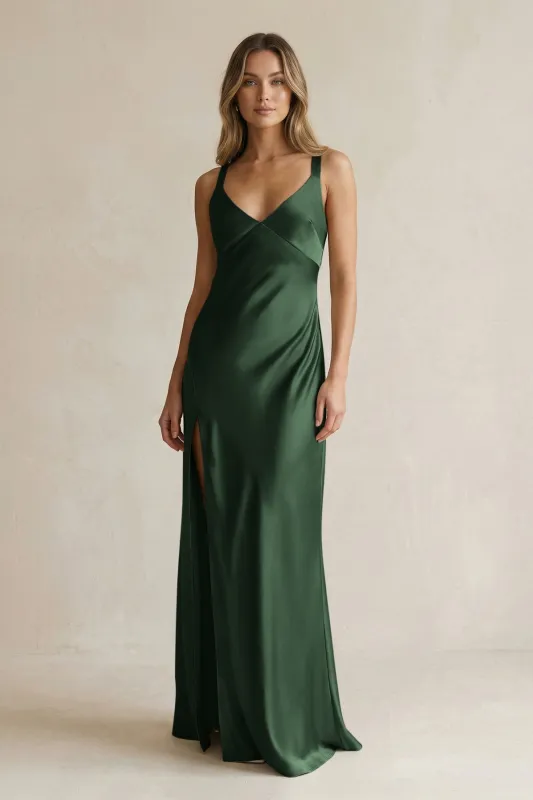 V-Neck Sheath Satin Bridesmaid Dress With Slit in Moss made by KissProm