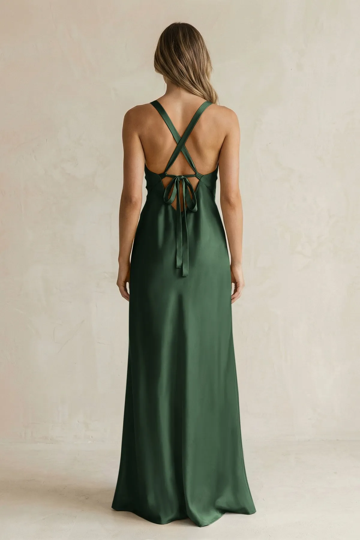 V-Neck Sheath Satin Bridesmaid Dress With Slit in Moss sold by KissProm product image thumbnail 2