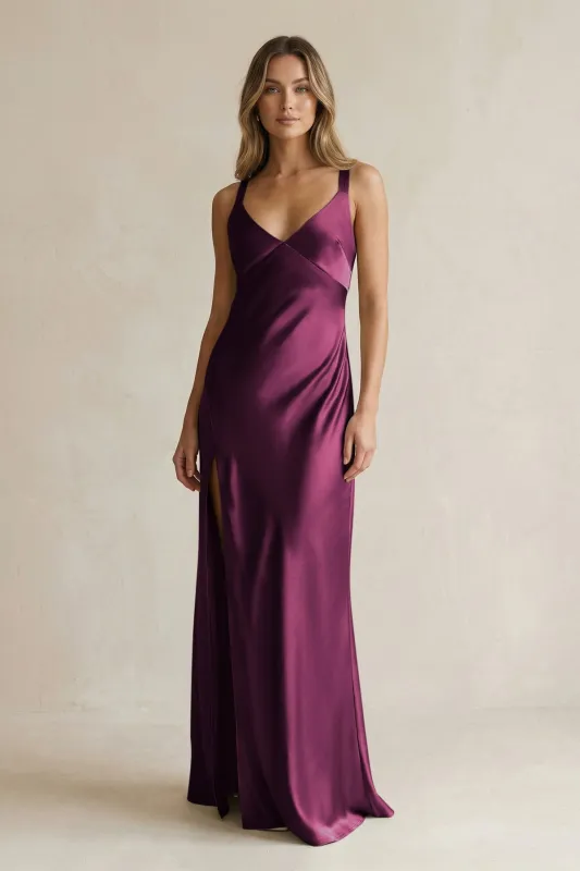 V-Neck Sheath Satin Bridesmaid Dress With Slit in Sangria made by KissProm