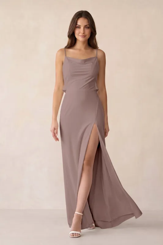 Sheath Satin Bridesmaid Dress with Side Slit in Toffee made by KissProm