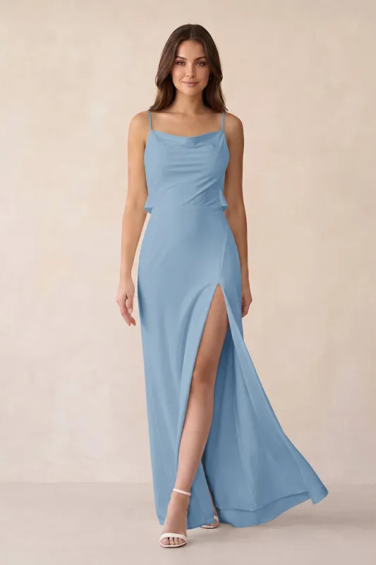 Sheath Satin Bridesmaid Dress with Side Slit in Sky Blue made by KissProm