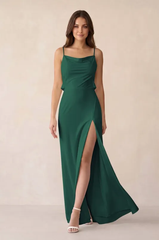 Sheath Satin Bridesmaid Dress with Side Slit in Dark Green made by KissProm