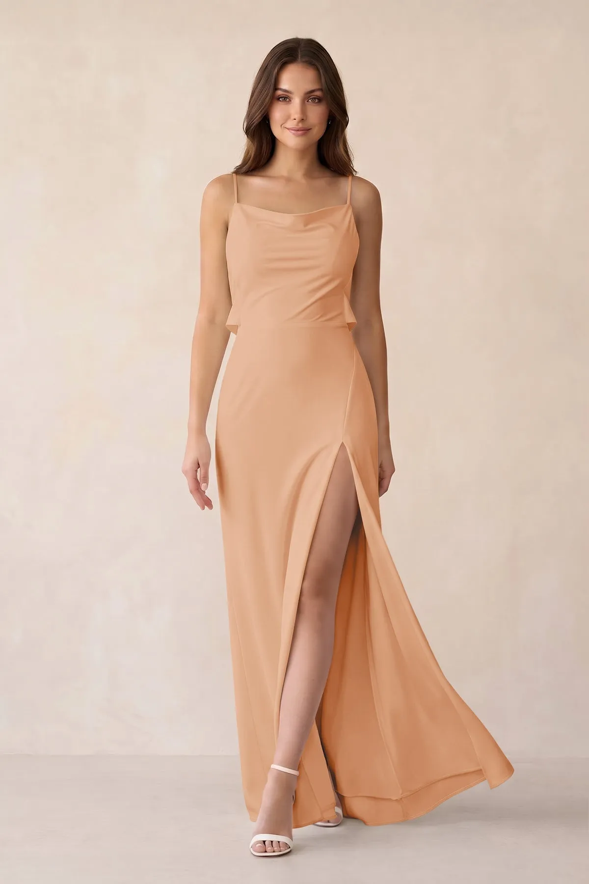 Sheath Satin Bridesmaid Dress with Side Slit in Golden Champagne sold by KissProm