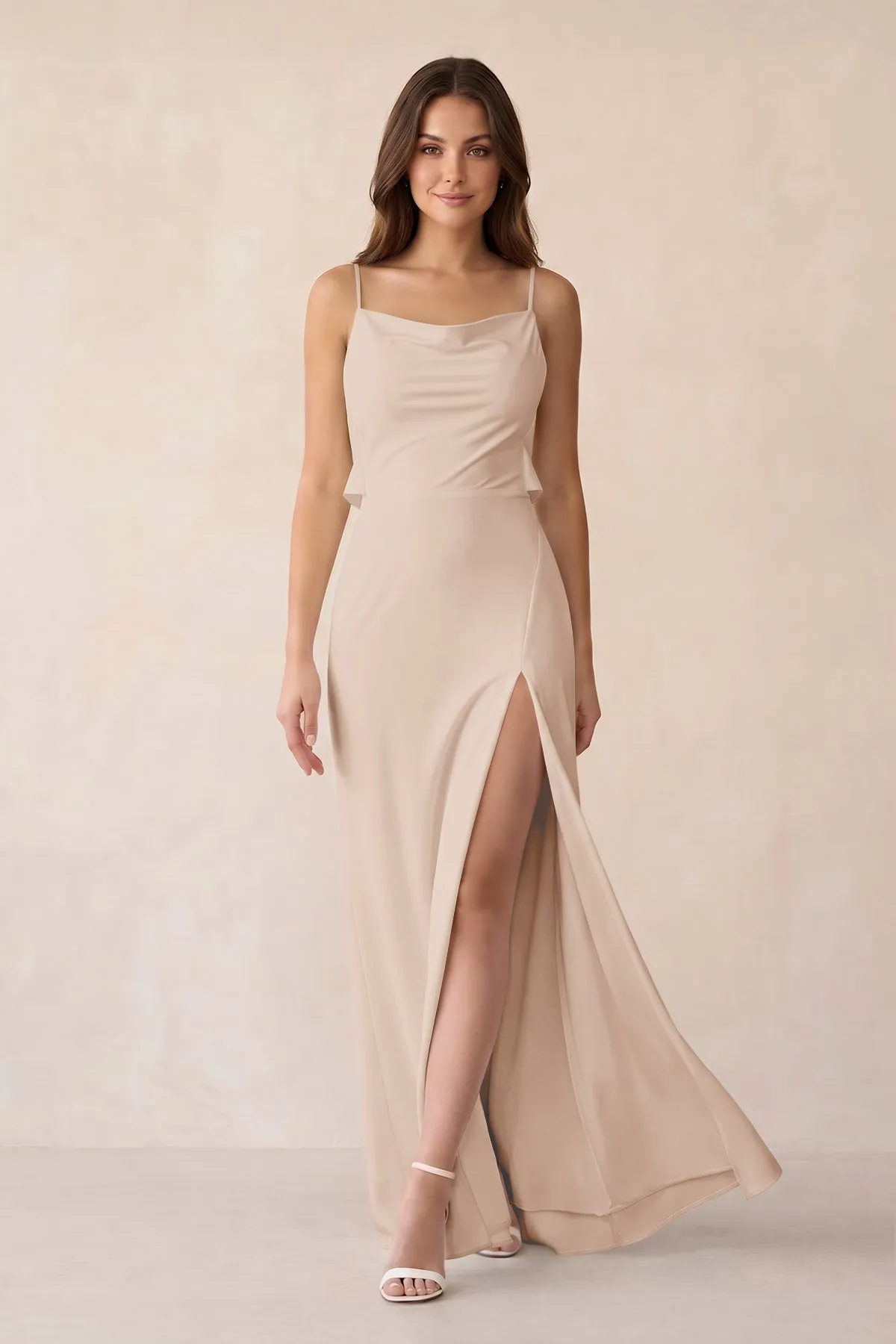 Sheath Satin Bridesmaid Dress with Side Slit in Buttercream sold by KissProm