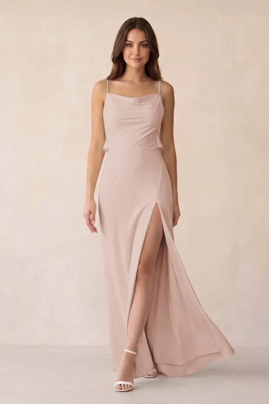 Sheath Satin Bridesmaid Dress with Side Slit in Pale Blush made by KissProm