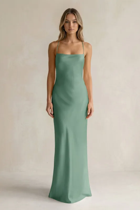 Sheath Satin Spaghetti Strap Bridesmaid Dress in Mint Green made by KissProm