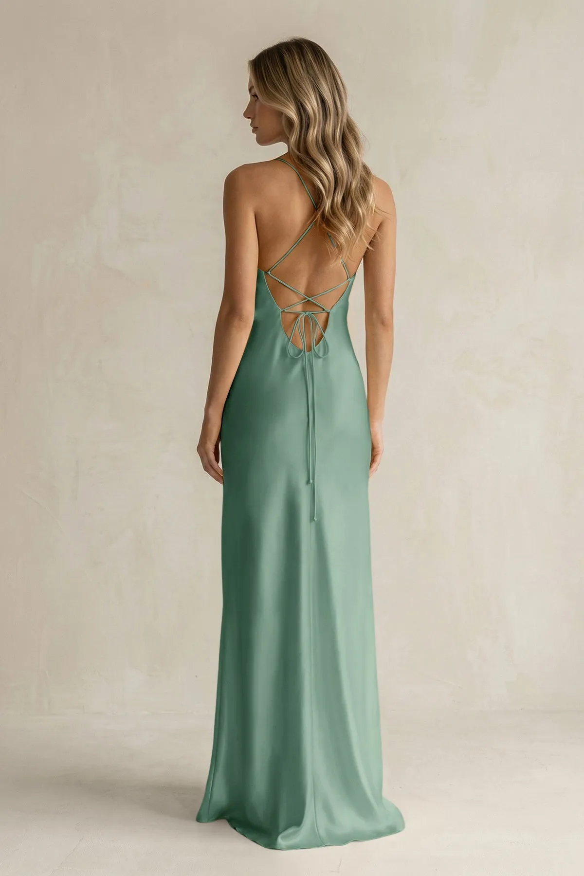 Sheath Satin Spaghetti Strap Bridesmaid Dress in Mint Green sold by KissProm product image thumbnail 2