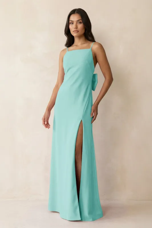 Spaghetti Strap Sheath Satin Bridesmaid Dress with Bow in Aqua made by KissProm