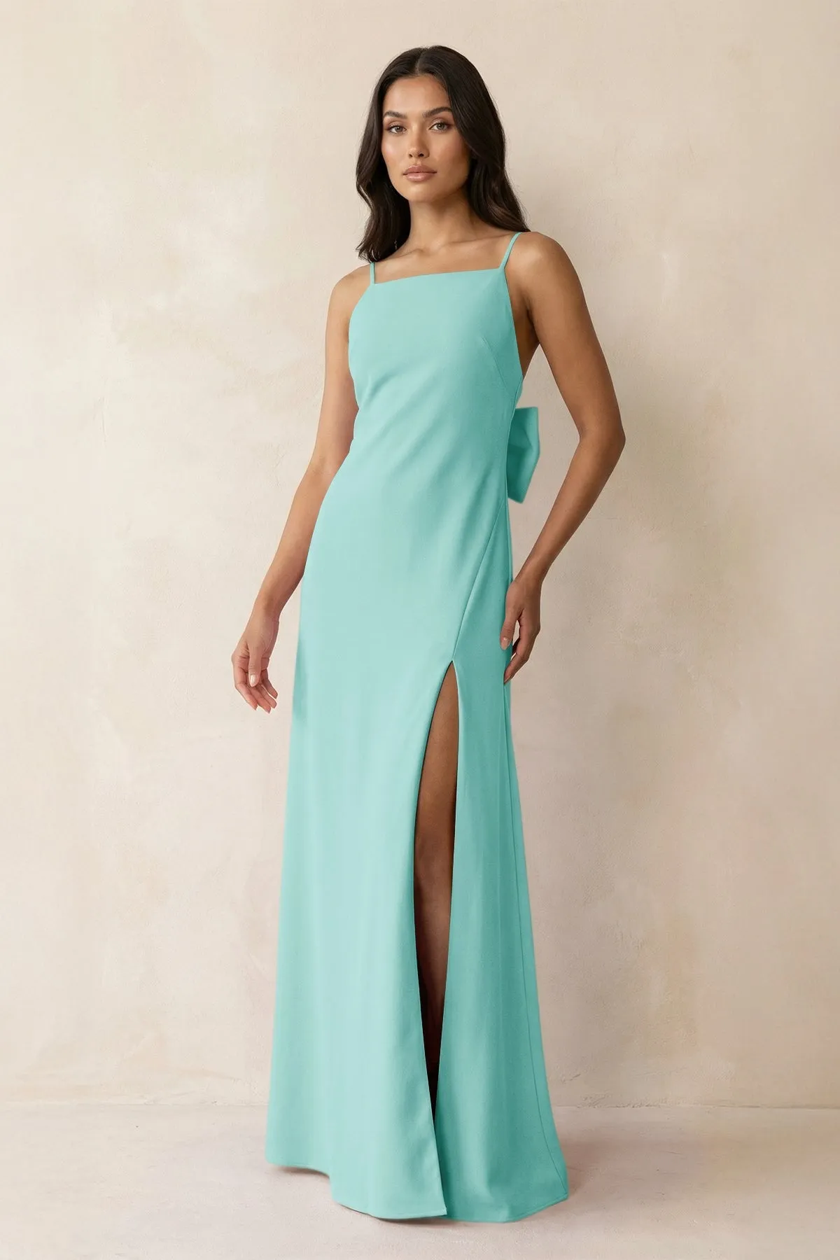 Spaghetti Strap Sheath Satin Bridesmaid Dress with Bow in Aqua sold by KissProm