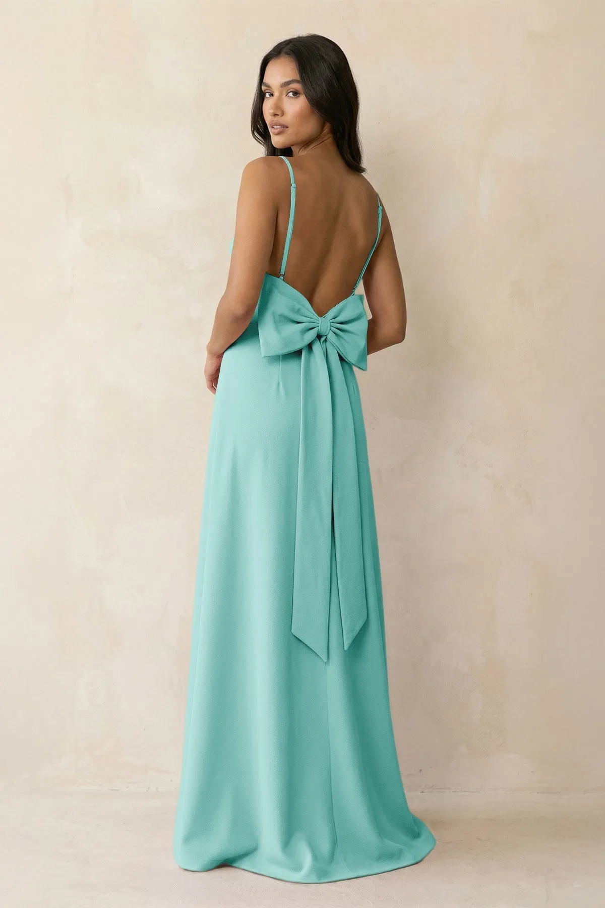 Spaghetti Strap Sheath Satin Bridesmaid Dress with Bow in Aqua sold by KissProm product image thumbnail 2