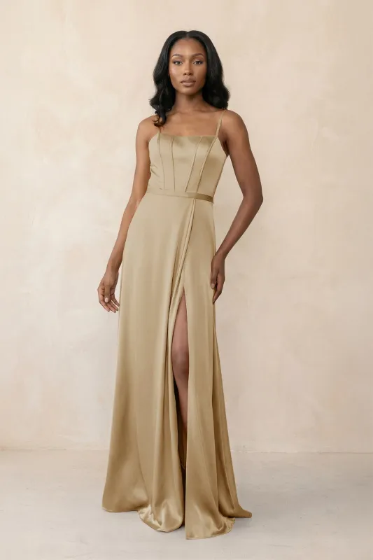 Cami Strap Corset Satin Sheath Bridesmaid Dress in Champagne made by KissProm