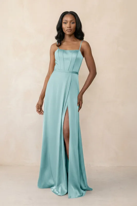 Cami Strap Corset Satin Sheath Bridesmaid Dress in Bleached Aqua made by KissProm