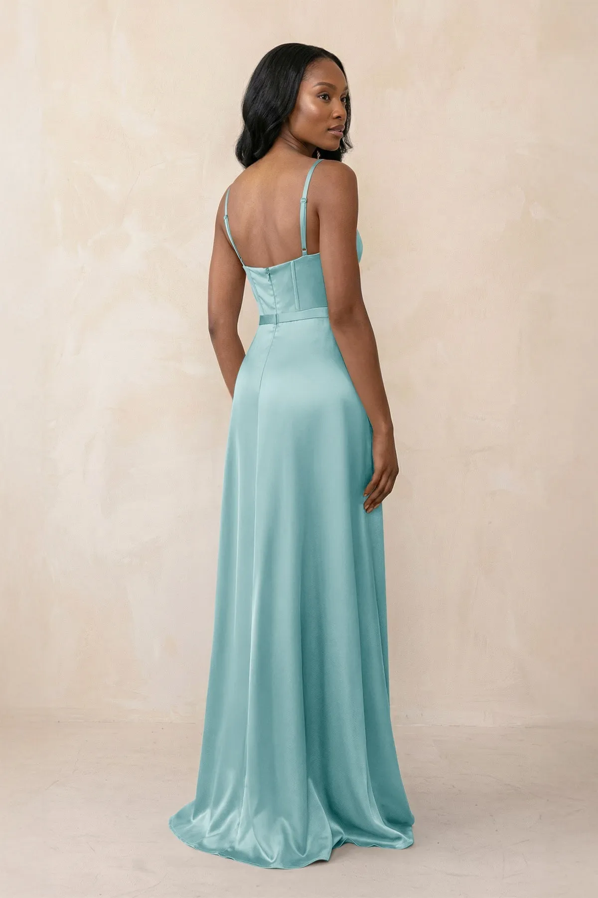Cami Strap Corset Satin Sheath Bridesmaid Dress in Bleached Aqua sold by KissProm product image thumbnail 2