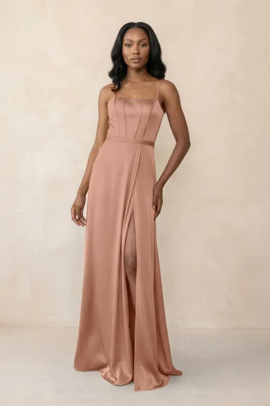 Cami Strap Corset Satin Sheath Bridesmaid Dress in Rosette made by KissProm