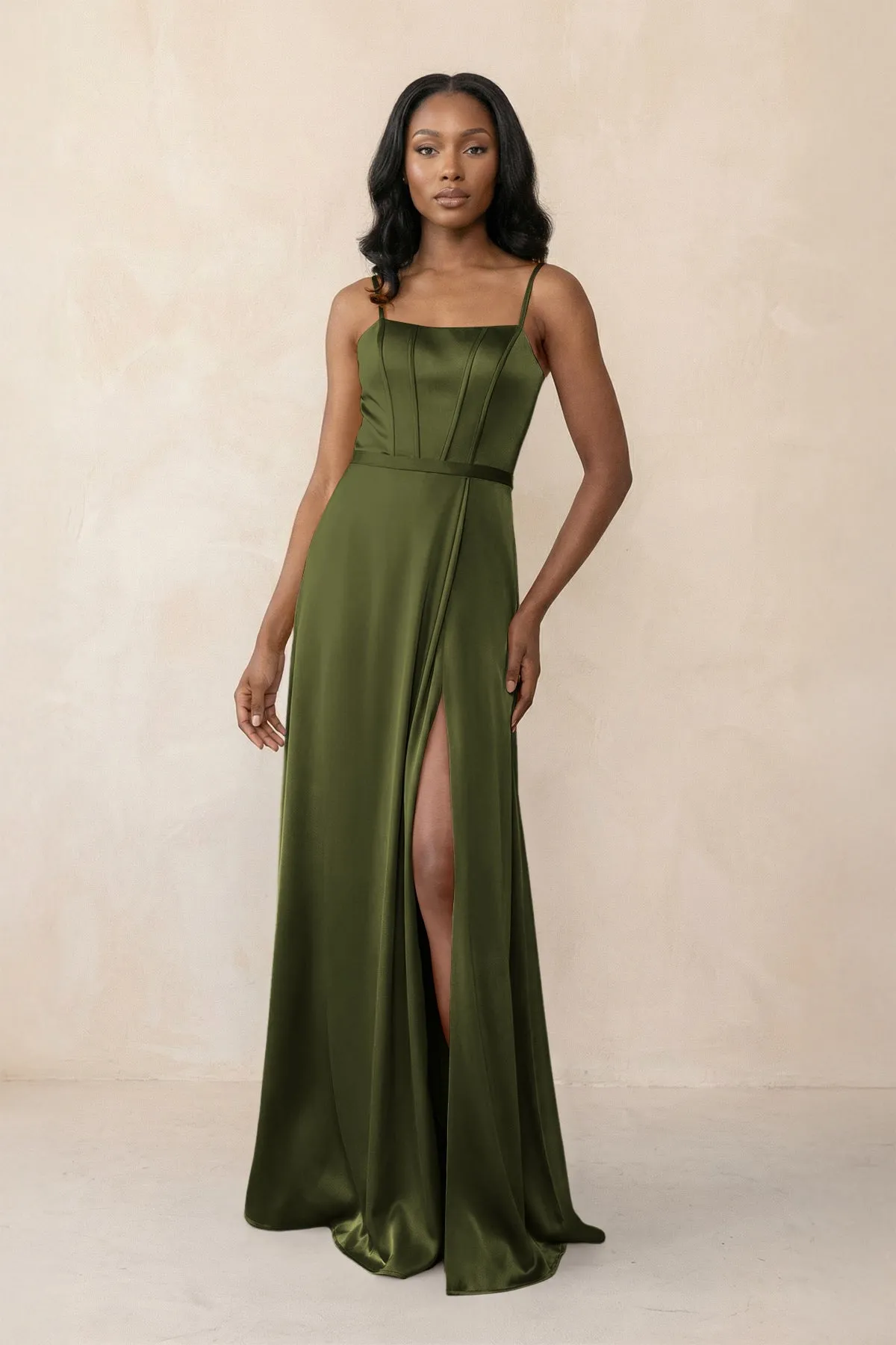 Cami Strap Corset Satin Sheath Bridesmaid Dress in Olive sold by KissProm