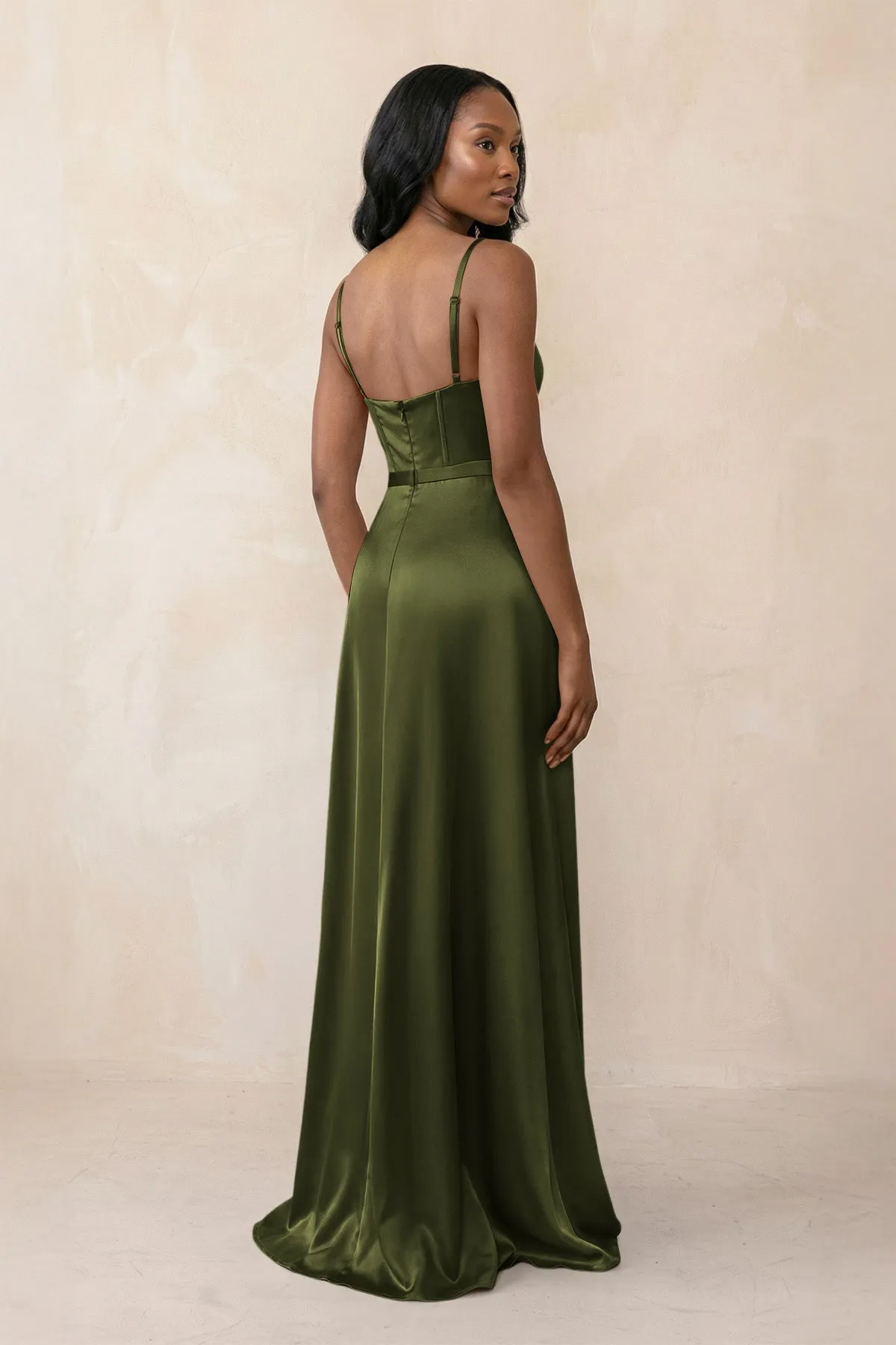Cami Strap Corset Satin Sheath Bridesmaid Dress in Olive sold by KissProm product image thumbnail 2