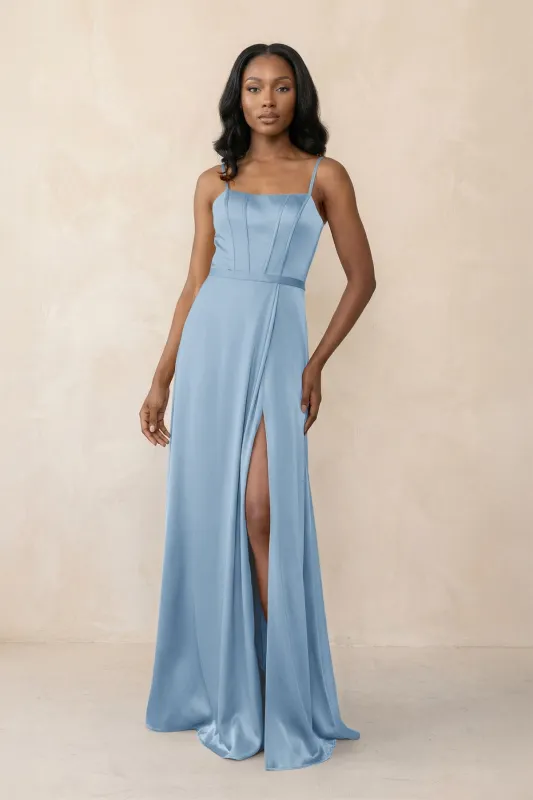 Cami Strap Corset Satin Sheath Bridesmaid Dress in Sky Blue made by KissProm