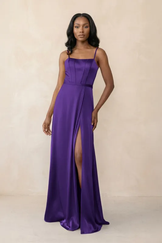 Cami Strap Corset Satin Sheath Bridesmaid Dress in Amethyst made by KissProm