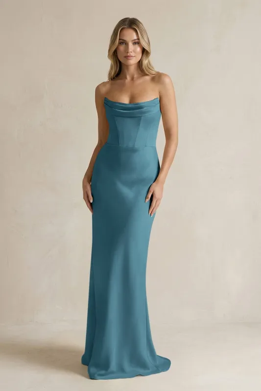 Cowl Neck Sheath Corset Bridesmaid Dress in Dark Teal made by KissProm