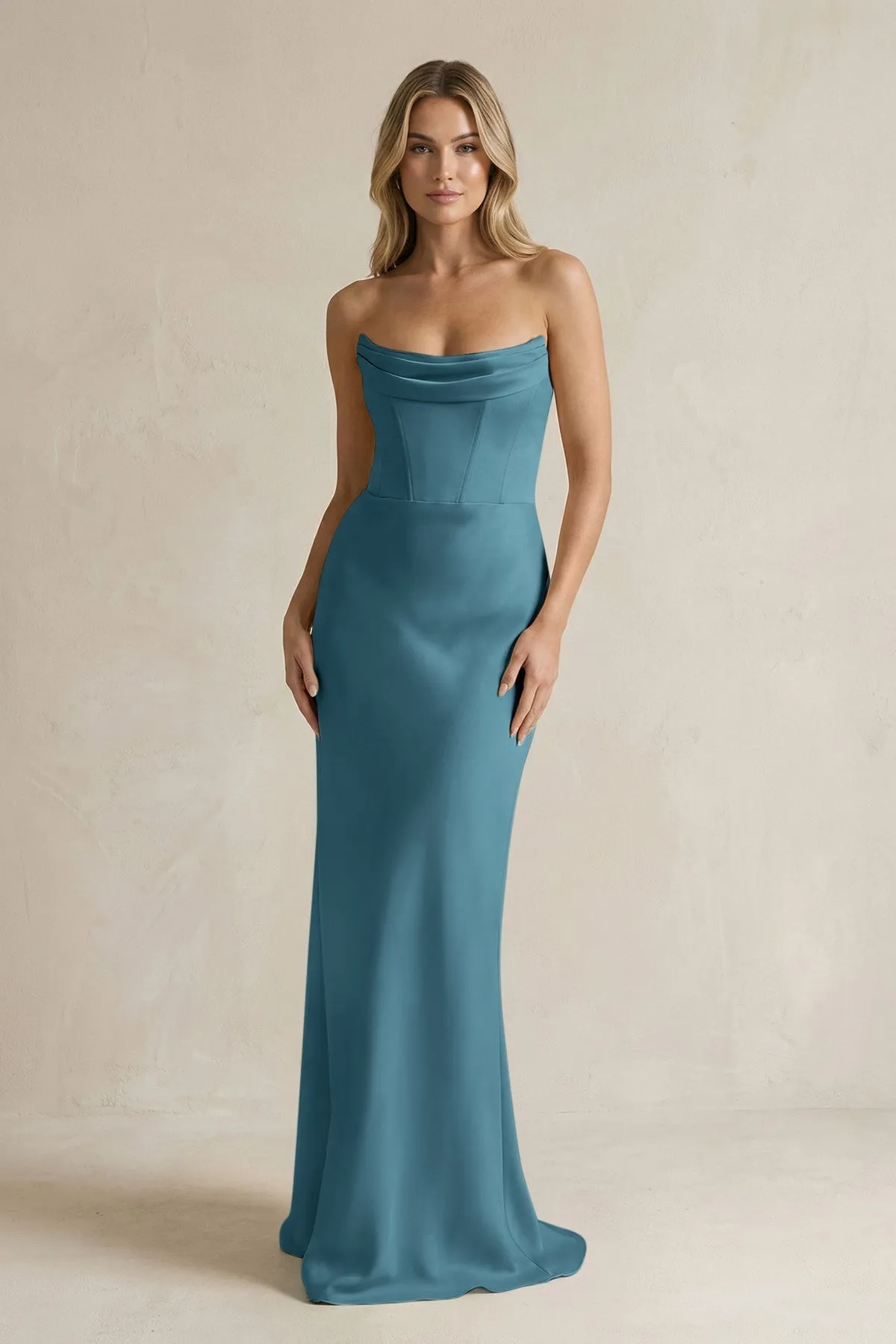 Cowl Neck Sheath Corset Bridesmaid Dress in Dark Teal sold by KissProm