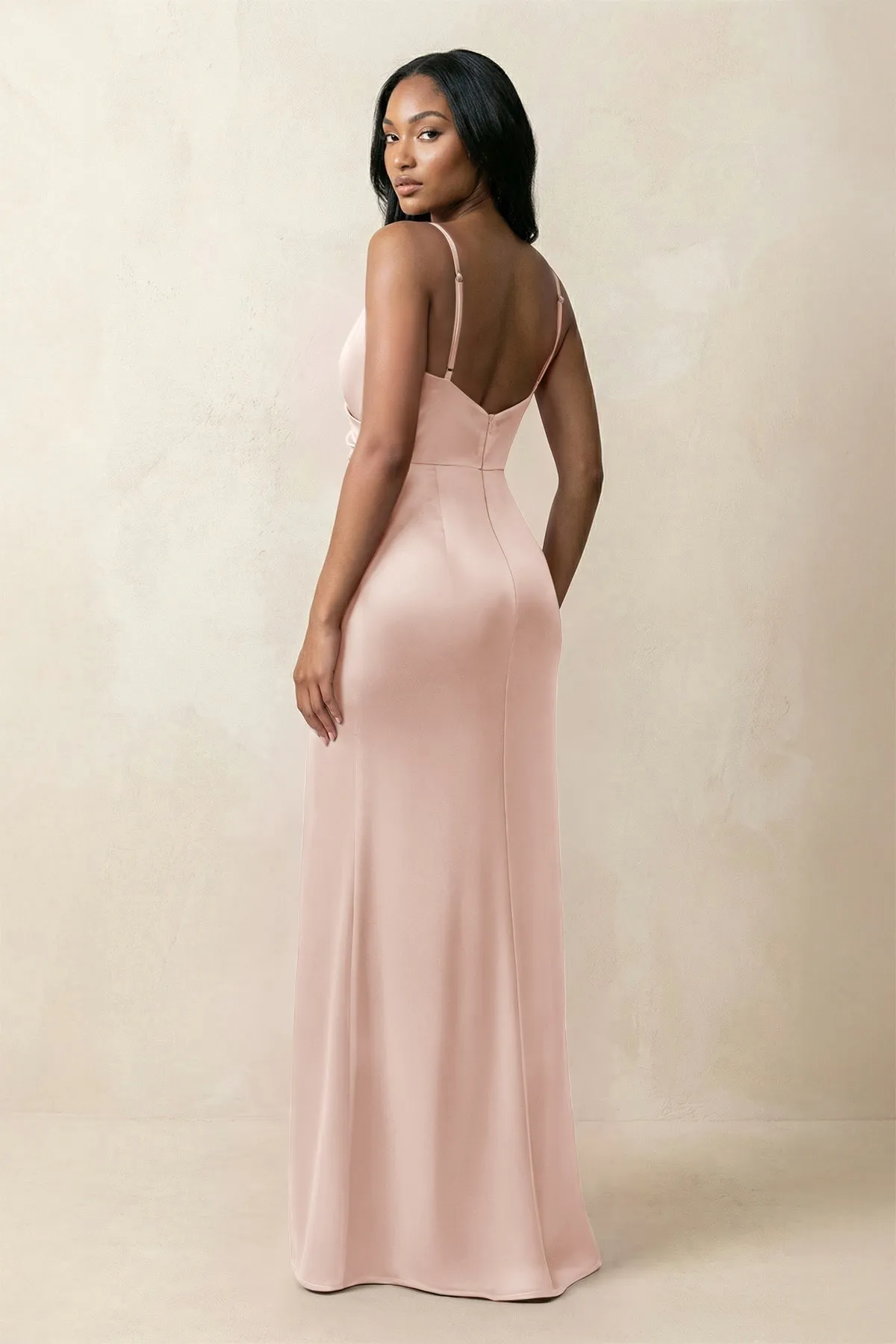 Spaghetti Strap Sheath Satin Ruched Bridesmaid Dress in Pale Blush sold by KissProm product image thumbnail 2