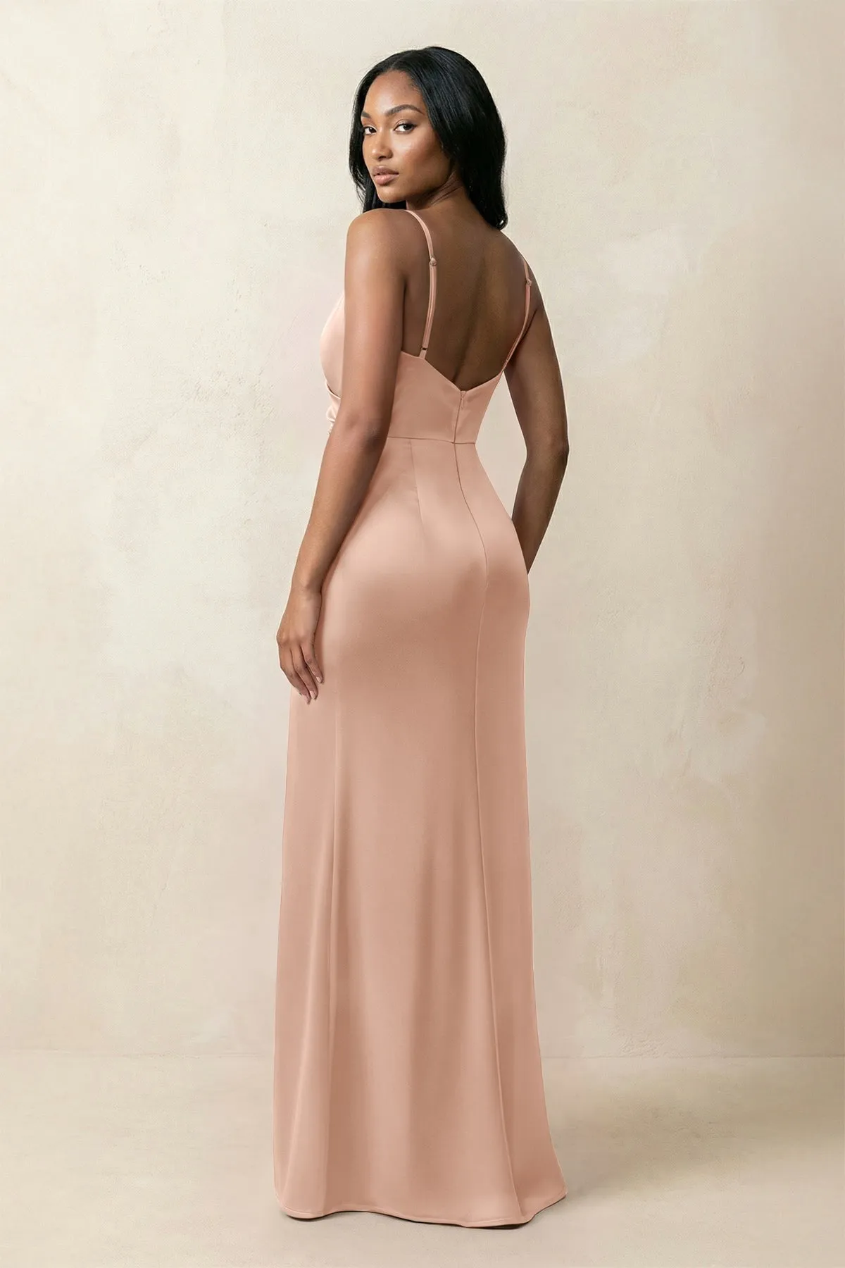 Spaghetti Strap Sheath Satin Ruched Bridesmaid Dress in Champagne Rose sold by KissProm product image thumbnail 2