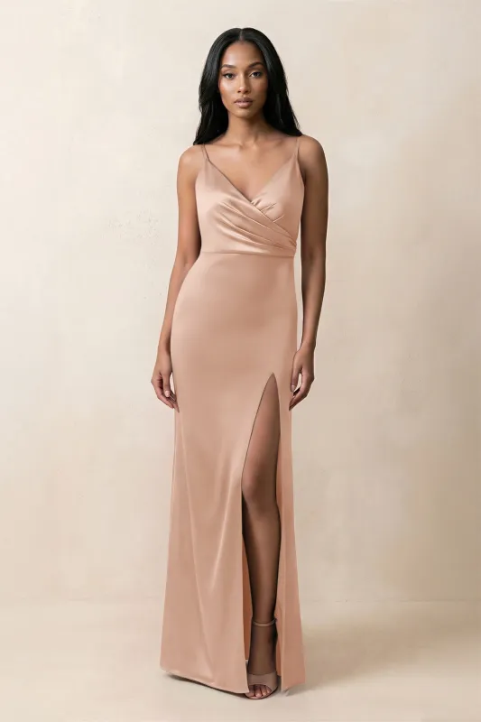 Spaghetti Strap Sheath Satin Ruched Bridesmaid Dress in Champagne Rose made by KissProm