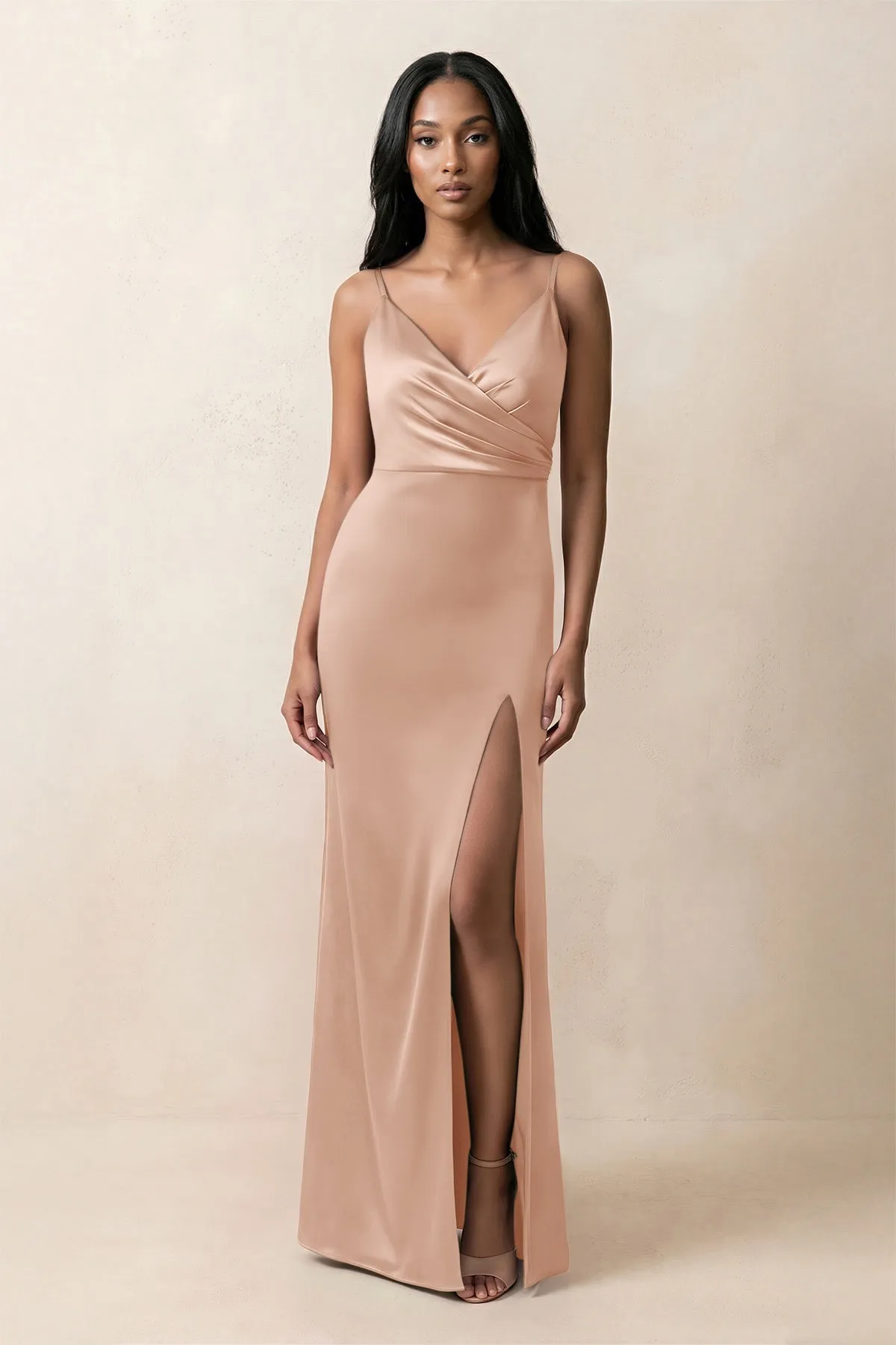 Spaghetti Strap Sheath Satin Ruched Bridesmaid Dress in Champagne Rose sold by KissProm
