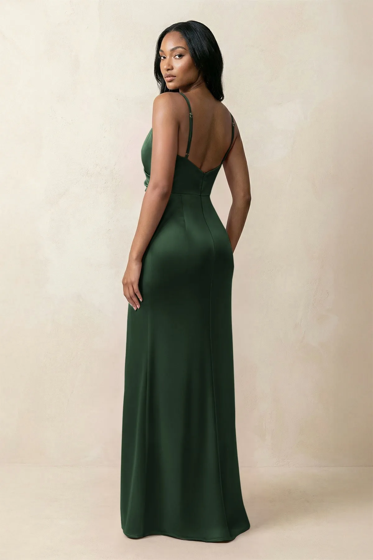 Spaghetti Strap Sheath Satin Ruched Bridesmaid Dress in Moss sold by KissProm product image thumbnail 2