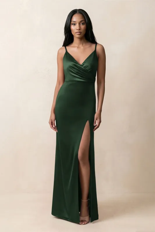 Spaghetti Strap Sheath Satin Ruched Bridesmaid Dress in Moss made by KissProm