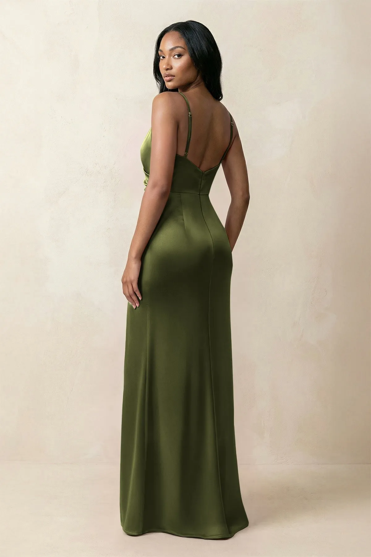 Spaghetti Strap Sheath Satin Ruched Bridesmaid Dress in Olive sold by KissProm product image thumbnail 2