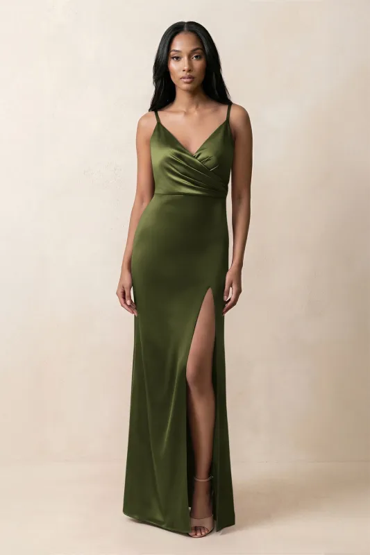 Spaghetti Strap Sheath Satin Ruched Bridesmaid Dress in Olive made by KissProm