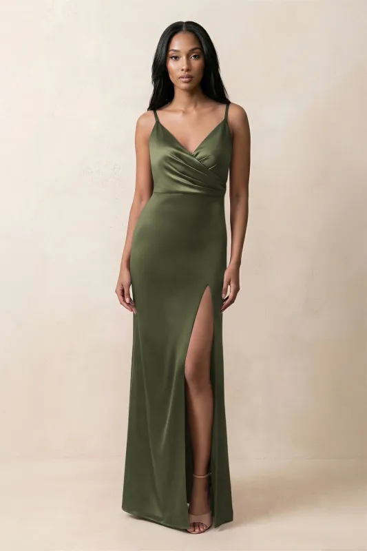 Spaghetti Strap Sheath Satin Ruched Bridesmaid Dress in Willow Green made by KissProm