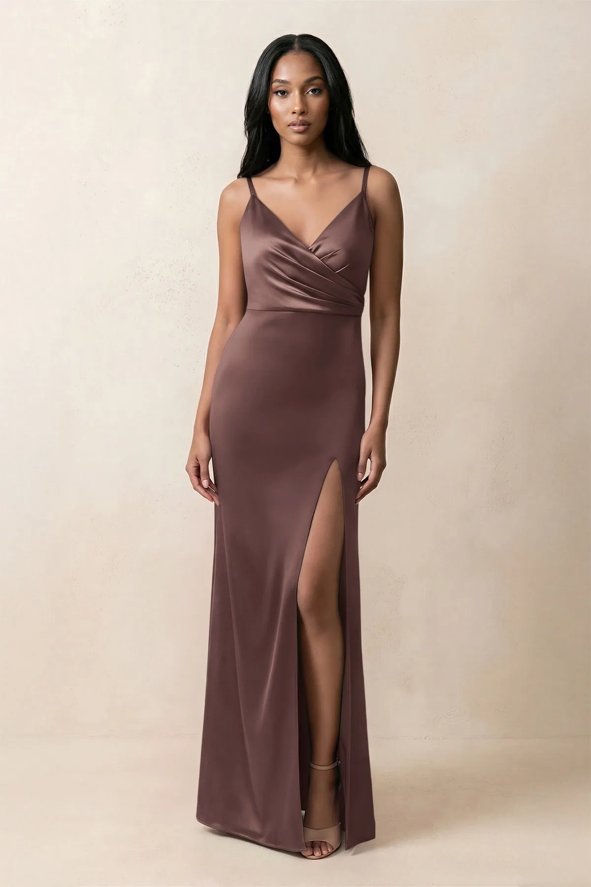 Spaghetti Strap Sheath Satin Ruched Bridesmaid Dress in Espresso sold by KissProm