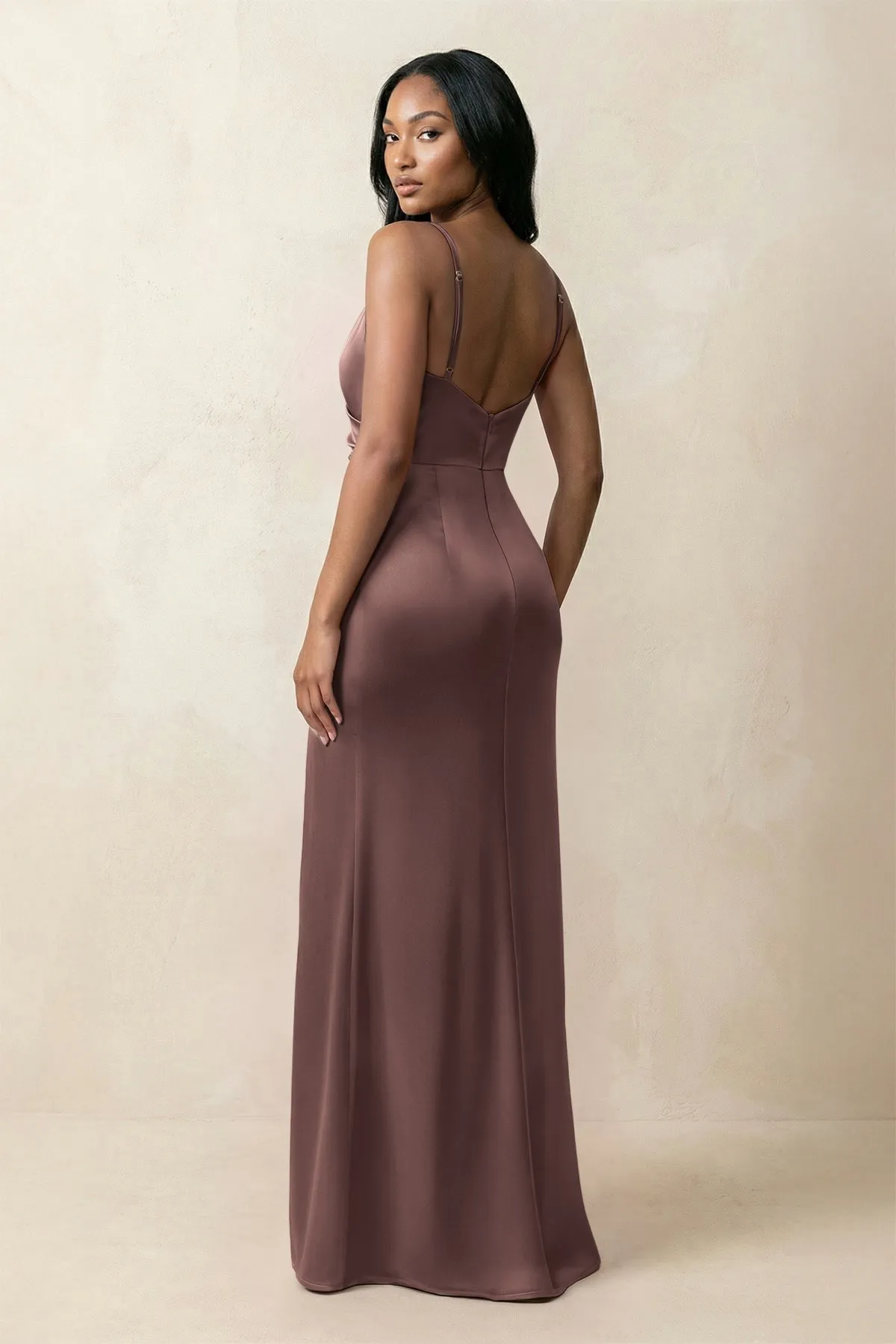 Spaghetti Strap Sheath Satin Ruched Bridesmaid Dress in Espresso sold by KissProm product image thumbnail 2