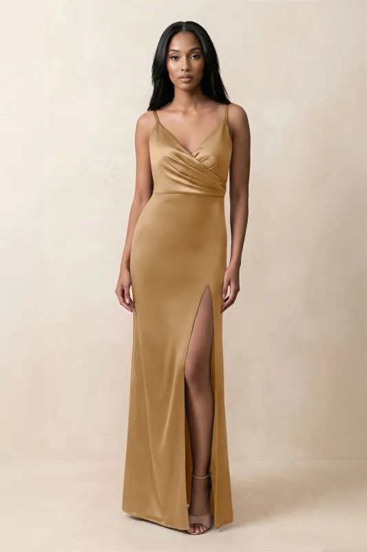 Spaghetti Strap Sheath Satin Ruched Bridesmaid Dress in Bronzer made by KissProm