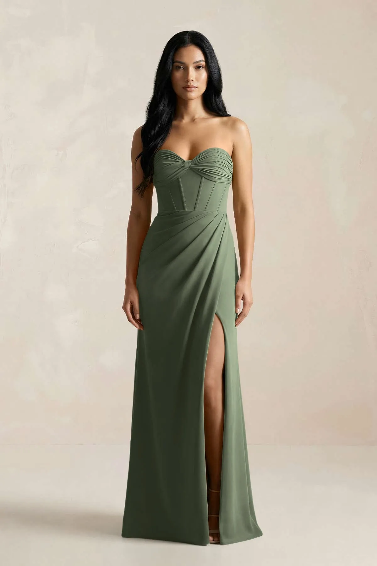 Sweetheart Corset Ruched Bridesmaid Dress in Thyme sold by KissProm