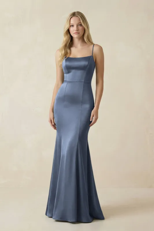 Cami Strap Ruffled Satin Bridesmaid Dress With Bow in Neptune made by KissProm