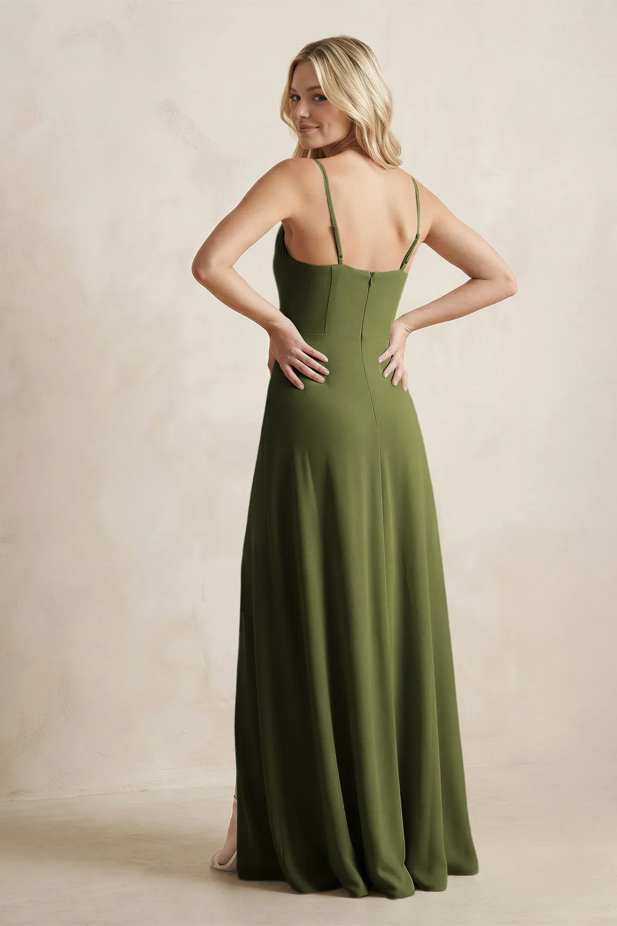 Spaghetti Straps Sheath Satin Bridesmaid Dress With Slit in Olive sold by KissProm product image thumbnail 2