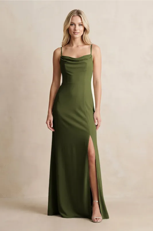 Spaghetti Straps Sheath Satin Bridesmaid Dress With Slit in Olive made by KissProm